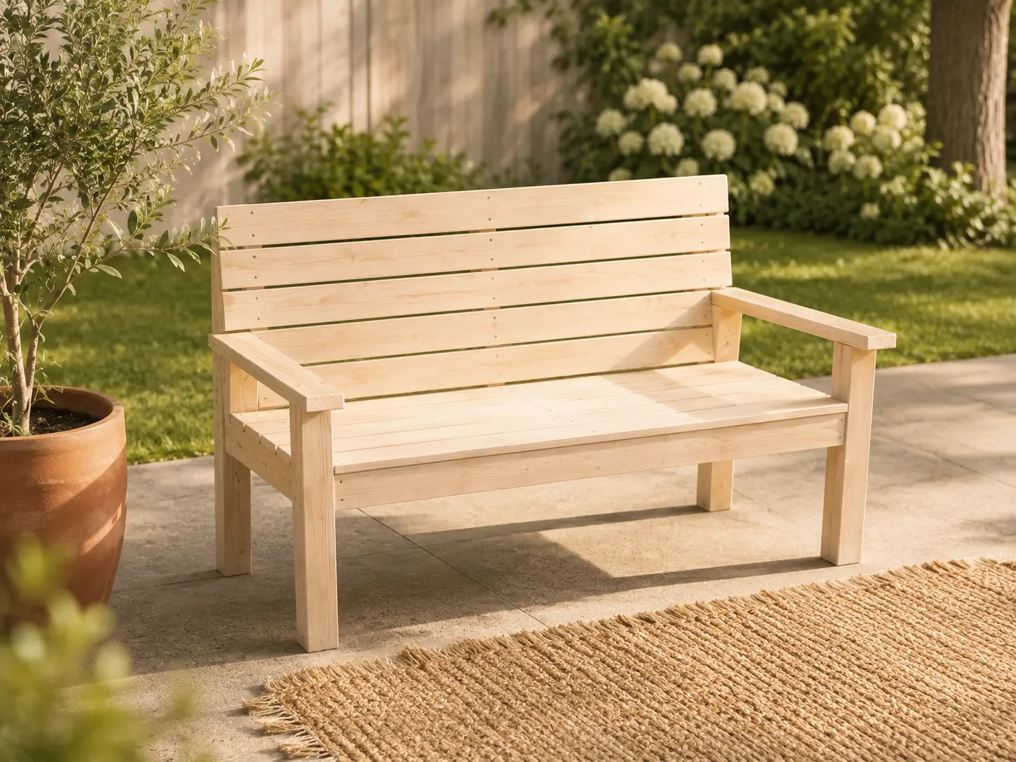 White handcrafted outdoor bench in a landscaped backyard