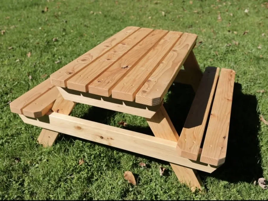 Wooden kids picnic table on grass