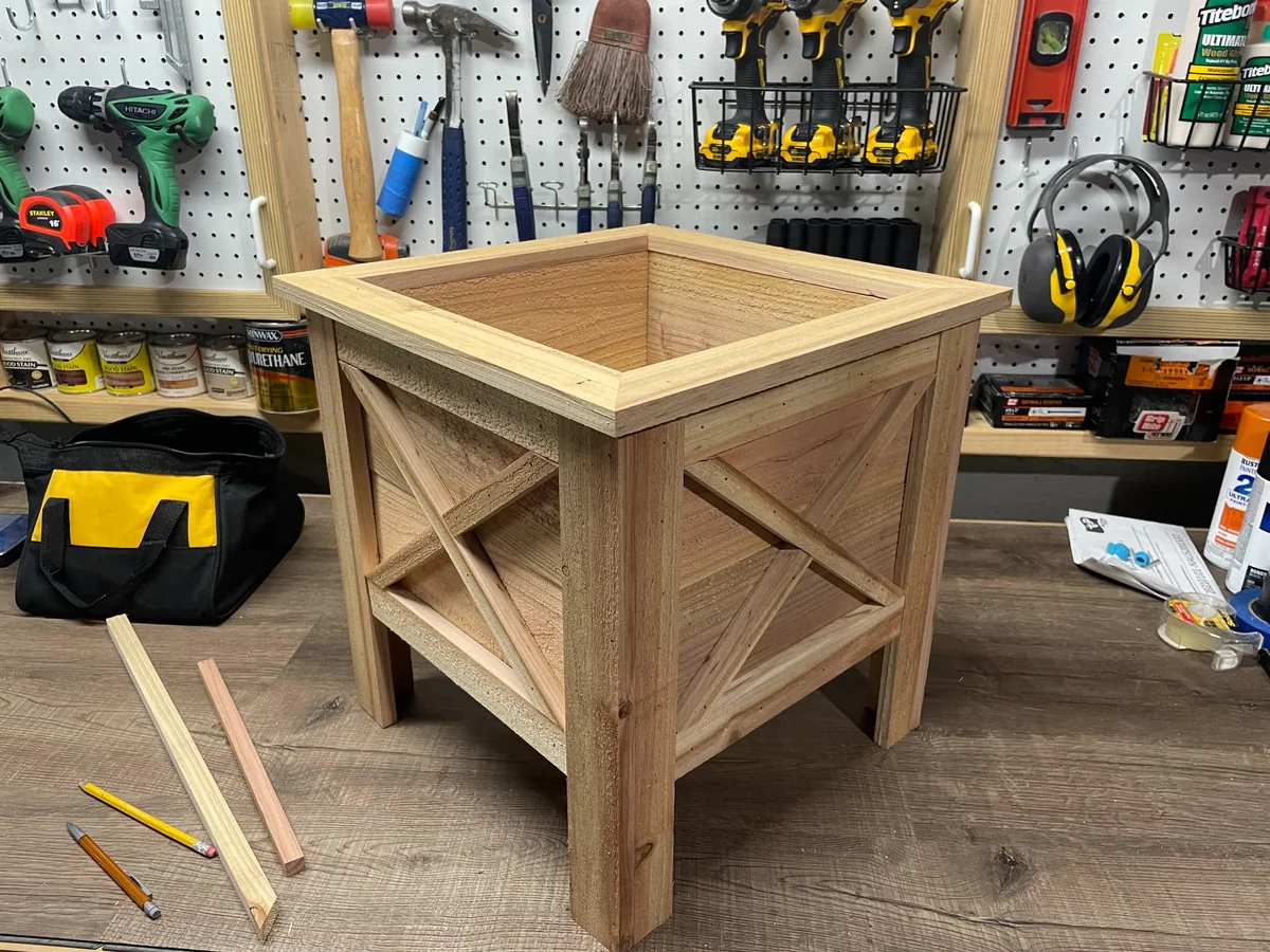 Cedar planter under construction in the workshop